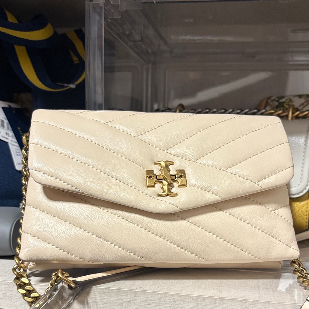 Tory Burch Cream Quilted Logo Chain Crossbody